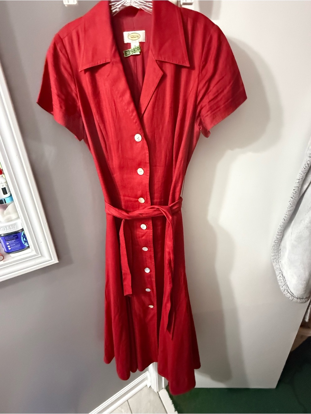 Talbots Red Button-Front Midi Dress with Tie Waist